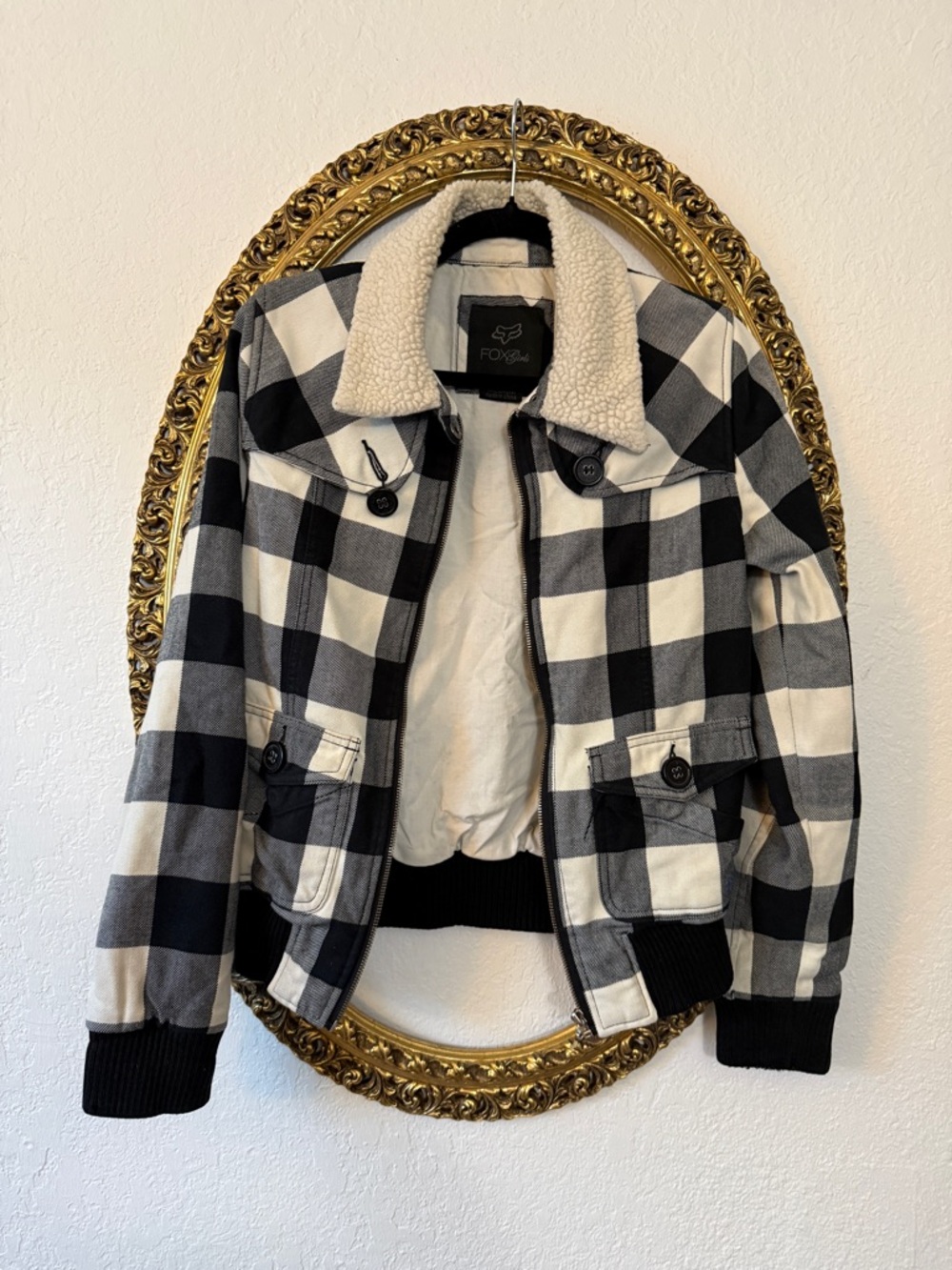 FOX  Y2K Black & White Buffalo Plaid Sherpa Collar Jacket